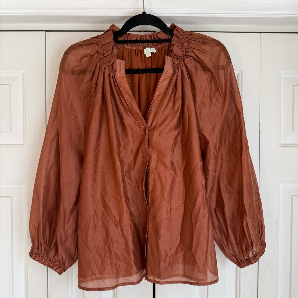 JADE Melody Tam Women’s Top Feminine Sheer Brown Button Down Blouse Size Medium